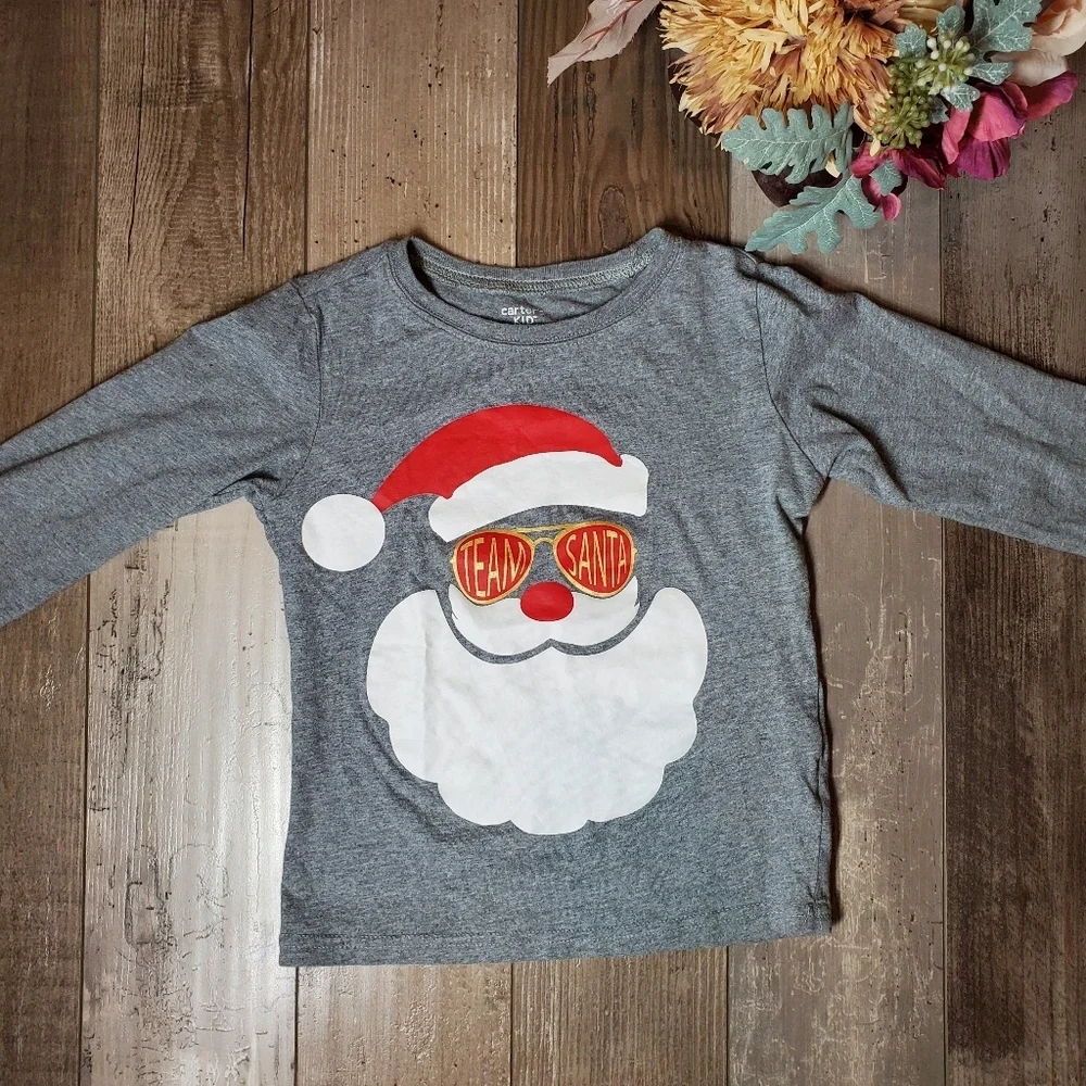 Carter's Kid Size 5/5A Gray Team Santa Cotton Graphic Print Long Sleeve Tee NWOT